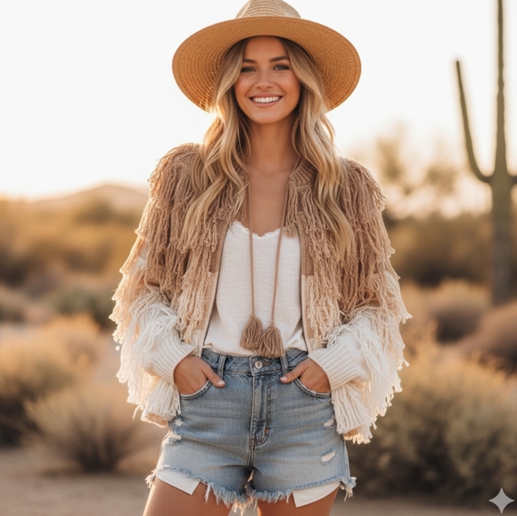 Jens Pirate Booty Natural Ombre Fringe Full Zip Bomber Jacket - Picture 1 of 8